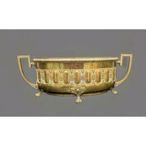 Ornate Embossed Brass Jardinière Planter England Oval Footed Handles 14 X 6.5"